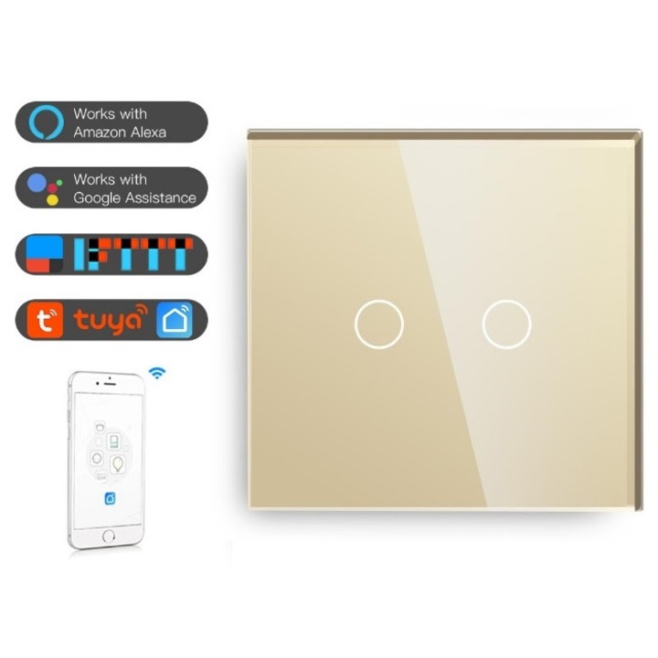 Intrerupator Smart dublu cap scara/cruce WiFi compatibil cu Alexa, Google Home, IFTTT Crem