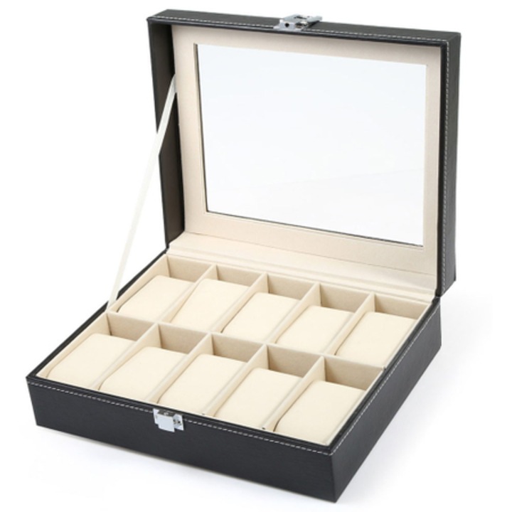 Cutie Ceasuri, Piele, Neagra, pentru 10 ceasuri, fereastra transparenta