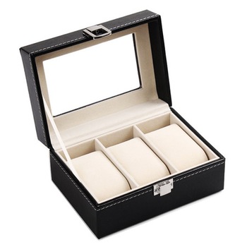 Cutie ceasuri, piele , neagra , cu 3 pernite , fereastra transparenta Cutie ceasuri, piele , neagra , cu 3 pernite , fereastra transparenta