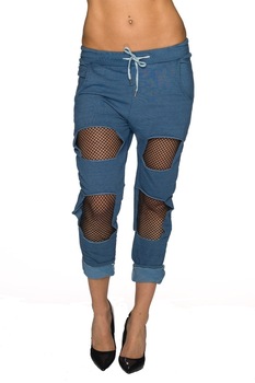 Pantaloni lungi casual model statement cu rupturi, Albastru deschis, S-M Pantaloni lungi casual model statement cu rupturi, Albastru deschis, S-M