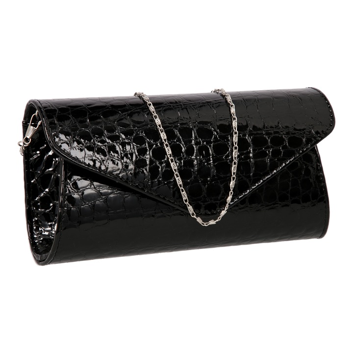 Дамска чанта Magazinul De Genti, модел 08, крокодилска кожа, черен лак