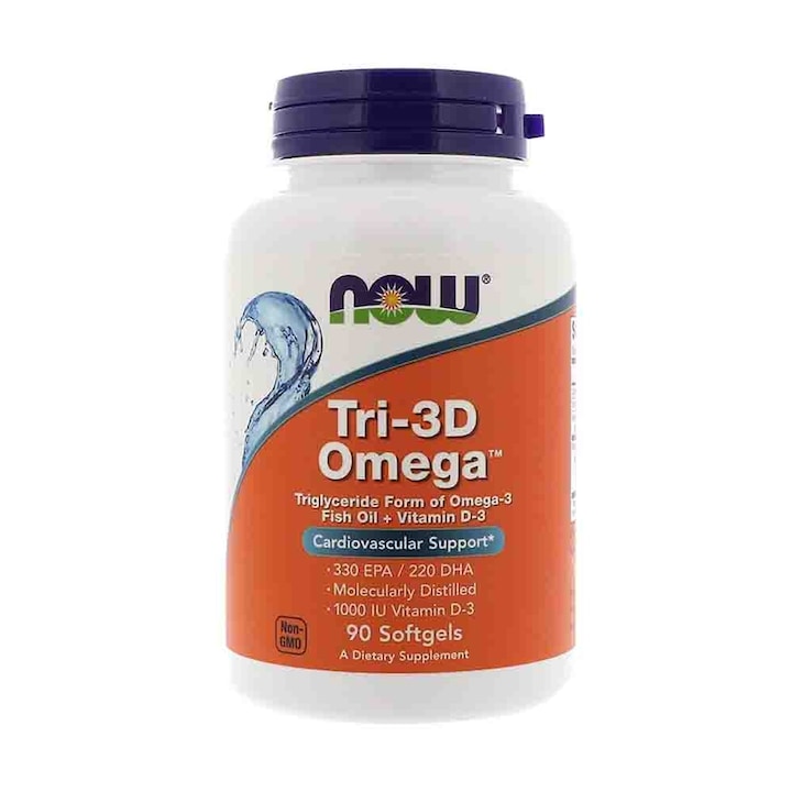 Omega 3 in forma triglicerida, Tri-3D Omega, Now Foods, 90 softgels Fara aroma