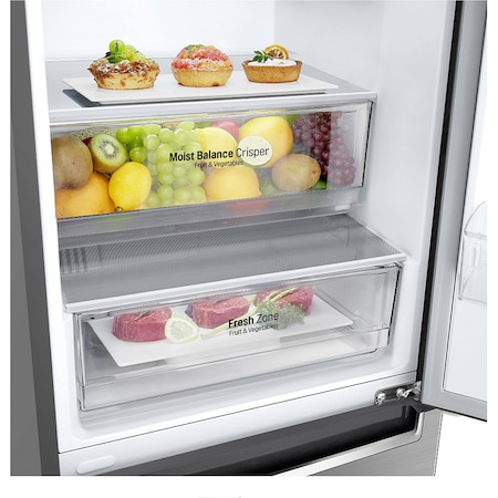Combina frigorifica LG GBB62PZHZN, 384 l, No Frost, Compresor Inverter Linear, Display Extern, Clasa A++, H 203 cm, Argintiu