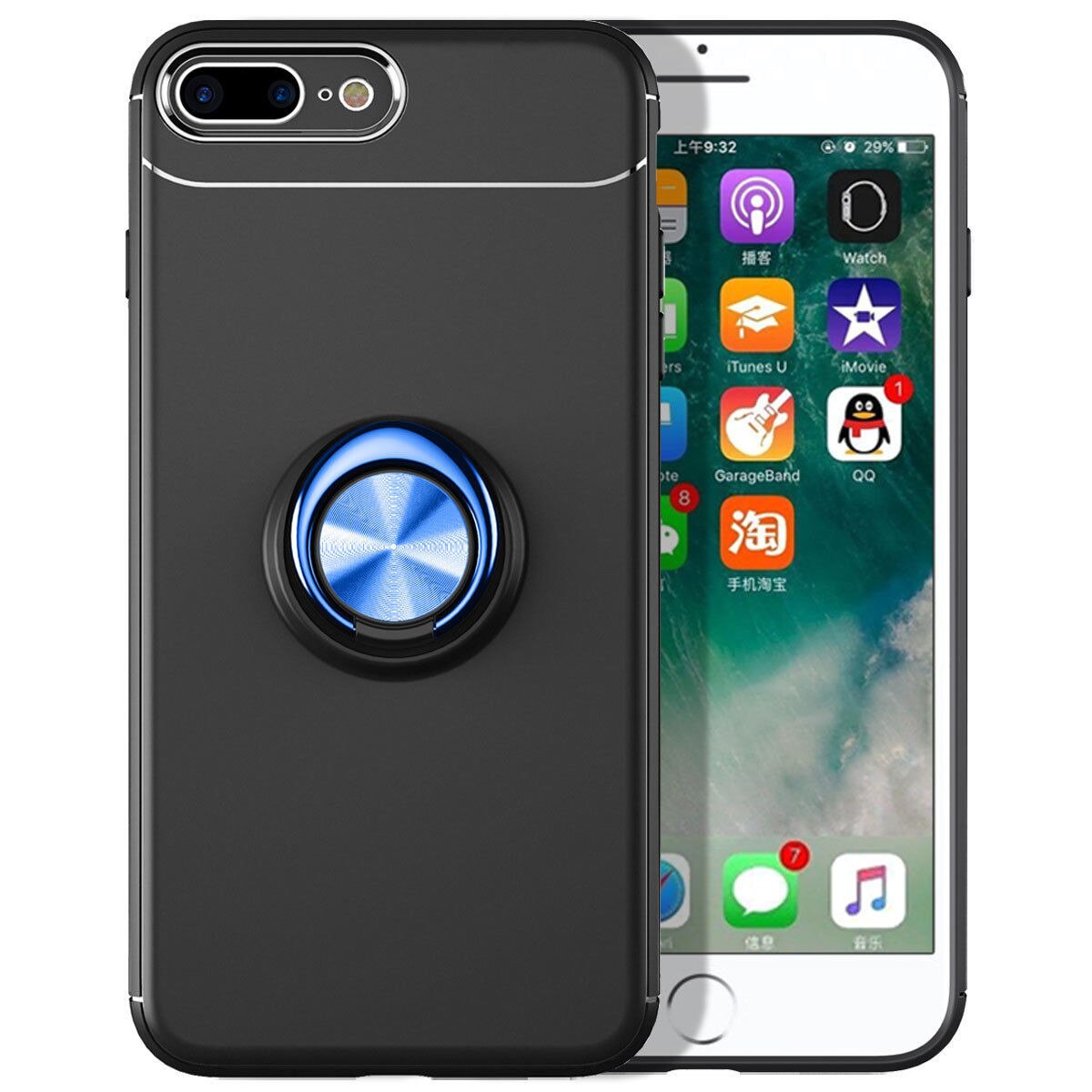 Carcasa Iphone 7 Plus slim Suport tip Inel albastru , Silicon Culoare Negru