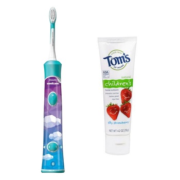 Pachet Periuta Copii Philips Sonicare HX6322/04 cu aplicatie pentru smartphone cu Bluetooth + Pasta de dinti pentru copii cu fluor - Toms, 119 ml Pachet Periuta Copii Philips Sonicare HX6322/04 cu aplicatie pentru smartphone cu Bluetooth + Pasta de dinti pentru copii cu fluor - Toms, 119 ml
