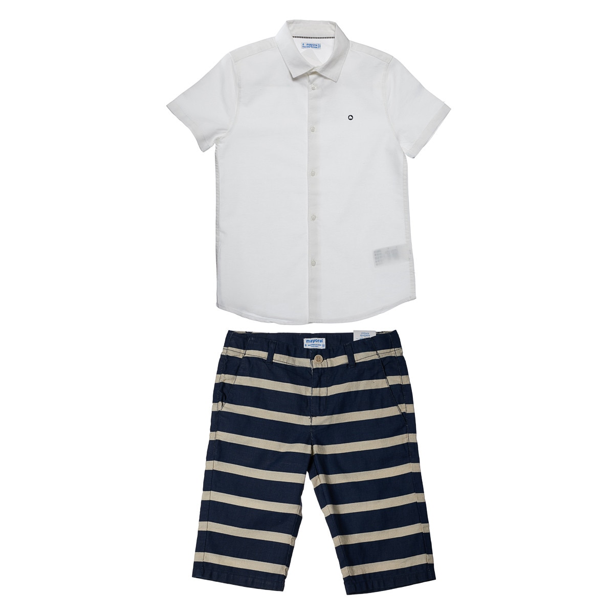 Set Mayoral, camasa si bermude cu dungi, Alb/Bleumarin