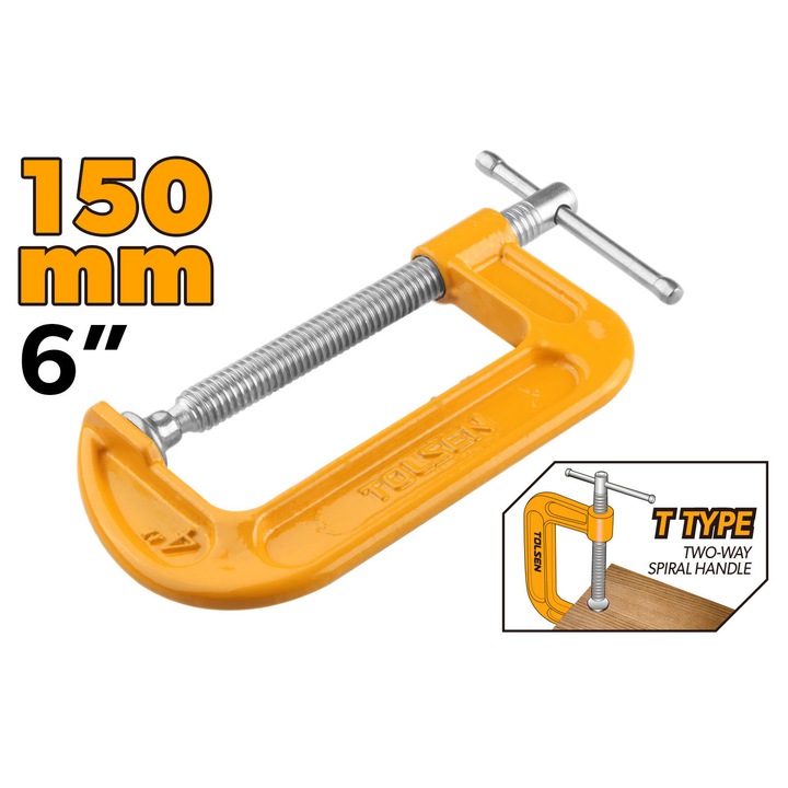 Menghina tip G TOLSEN 150 mm (6"), Bara filetata zincata, Acoperire cu pulbere portocalie, corp fier forjat, deschidere maxima 150 mm, bara robusta, prindere puternica si durabila, ideala pentru tamplarie si lucrari grele, rezistenta la uzura