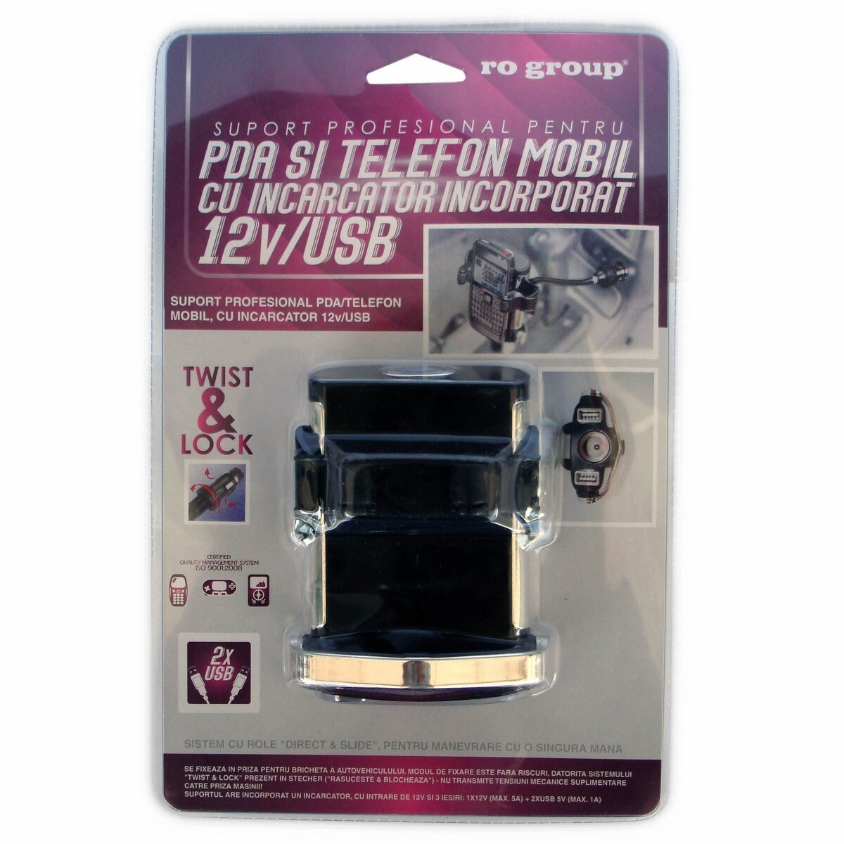 Suport Rogroup pentru telefon mobil cu prize 12V & USB