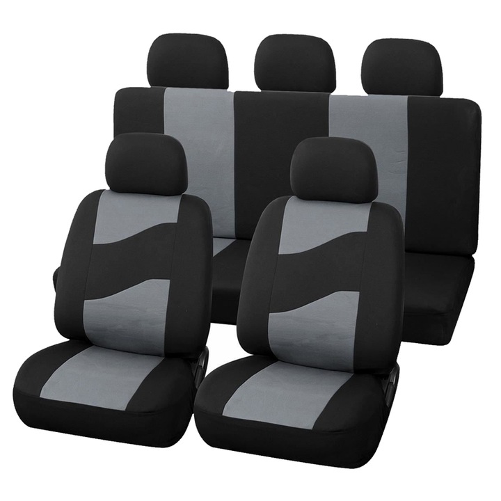 Калъфи за автомобилни седалки Rider Polyester, 11 части, Устойчиви на влага и износване, Черен/Сив