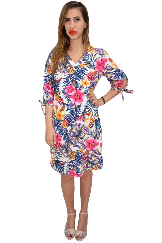Rochie rafinata Flora,imprimeu floral exotic,D&J Exclusive, Alb