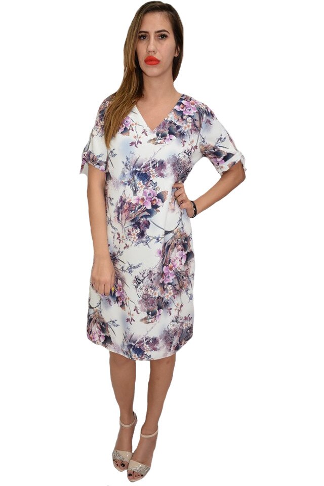 Rochie rafinata, cu imprimeu floral mov, decolteu in V, D&J Exclusive, Alb