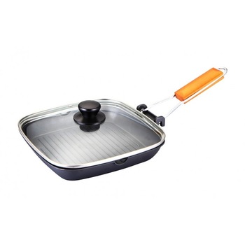 Tigaie grill Aluminiu Grunberg cu capac 28 x 28 cm, Interior Teflon, Capac Sticla, Maner Lemn, rabatabil Tigaie grill Aluminiu Grunberg cu capac 28 x 28 cm, Interior Teflon, Capac Sticla, Maner Lemn, rabatabil