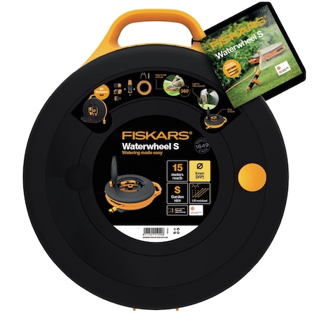 Tambur + furtun de gradina 15 m 3/8 Fiskars Waterwheel S, furtun 15 m 3/8, include duza de stropire + suport duza + conectori