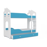 Pat supraetajat cu lada Eurotel Dominik, 190x80 cm, 2x Saltea inclusa, MDF, Alb/Albastru