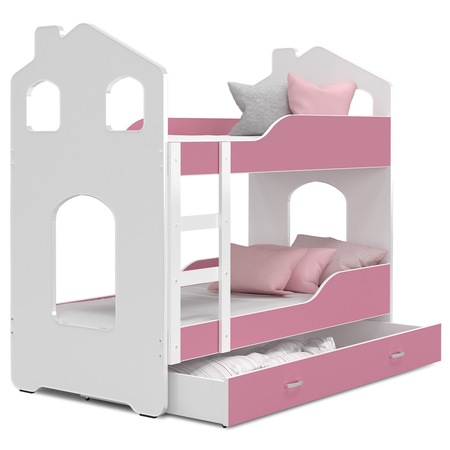 Pat supraetajat Eurotel Dominik Domek, 190x80 cm, 2 x Saltea inclusa, MDF, Alb/Roz