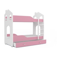 Pat supraetajat cu lada Eurotel Dominik, 190x80 cm, 2x Saltea inclusa, MDF, Alb/Roz
