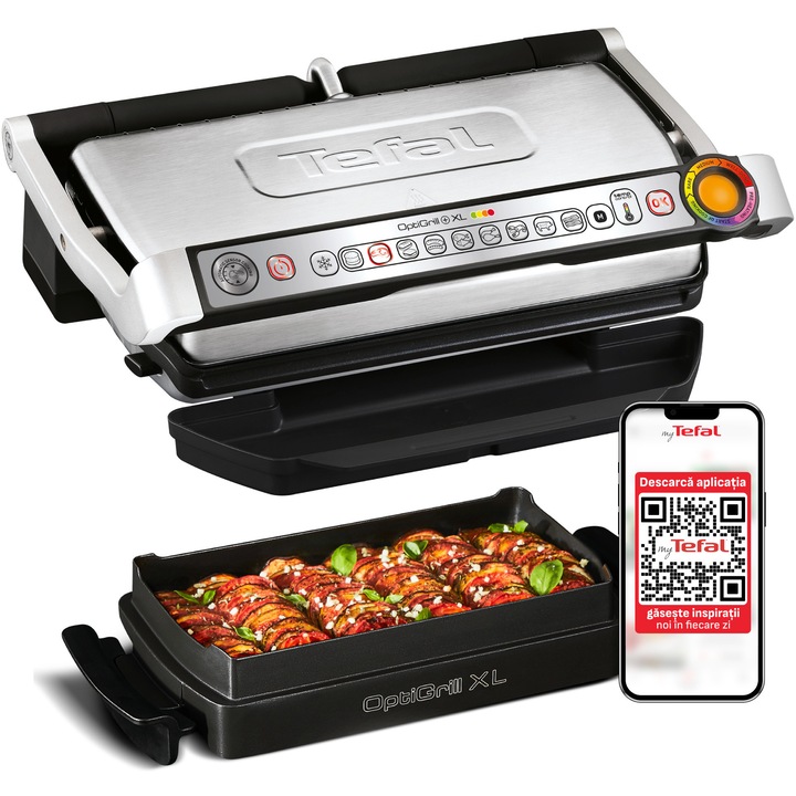 Gratar electric Tefal OptiGrill+ XL Snacking & Baking GC724D12, 2000W, 9 programe automate, senzor pentru grosimea alimentelor, indicator luminos, functie cuptor Snacking & Baking, placi detasabile antiaderente, tava colectoare grasime, argintiu/inox