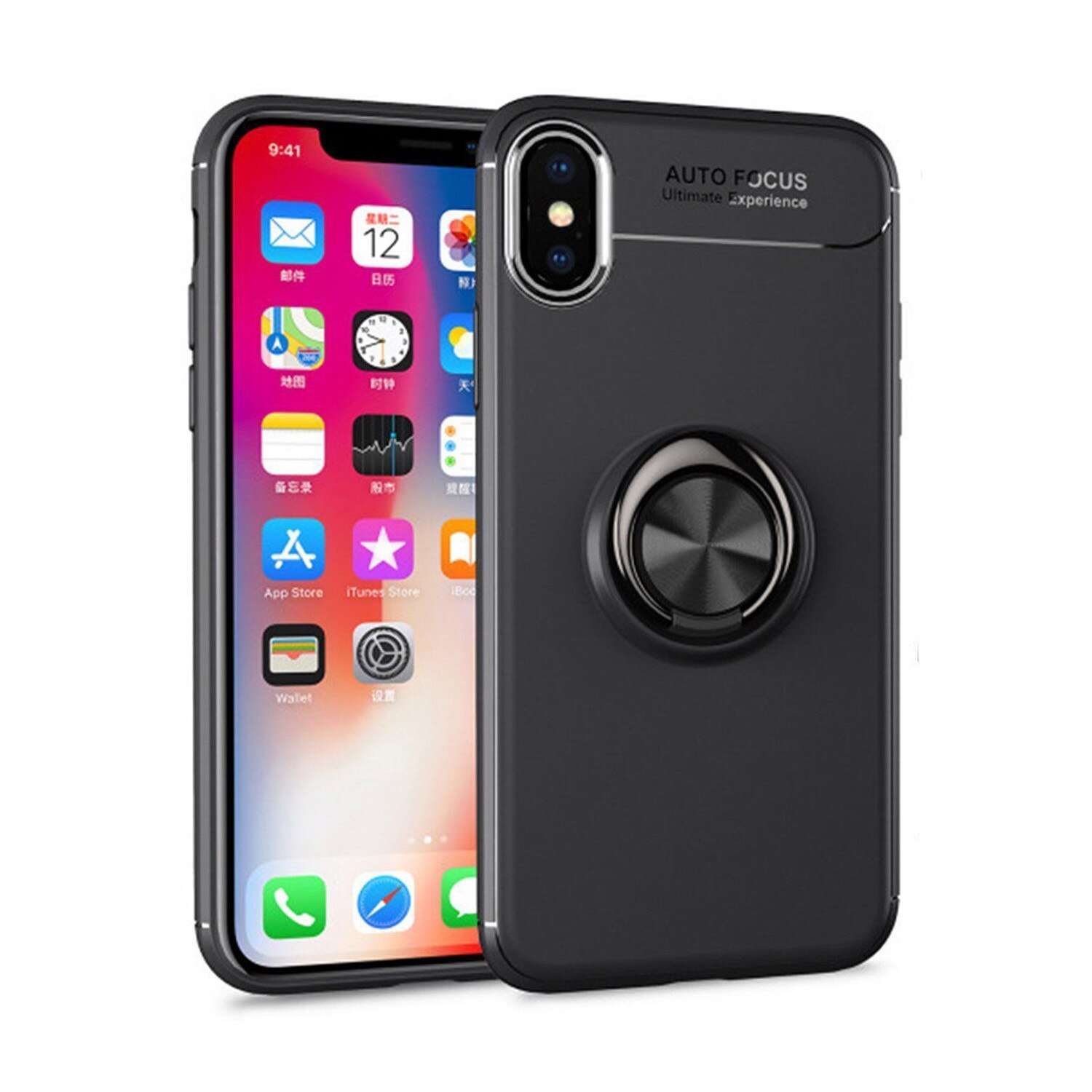 Carcasa Iphone 10 slim Suport tip Inel negru de sustinere, Silicon Culoare Negru