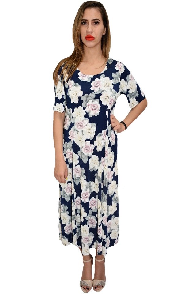 Rochie rafinata Diana,imprimeu floral,D&J Exclusive,Bleumarin, Albastru marin