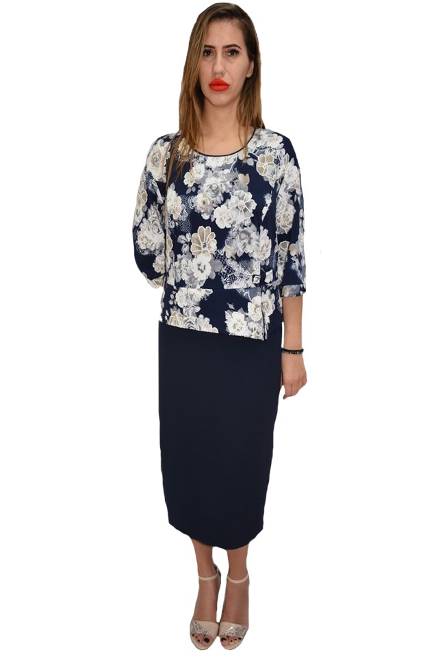 Rochie casual Frida,imprimeu floral la bust,D&J Exclusive, Bleumarin