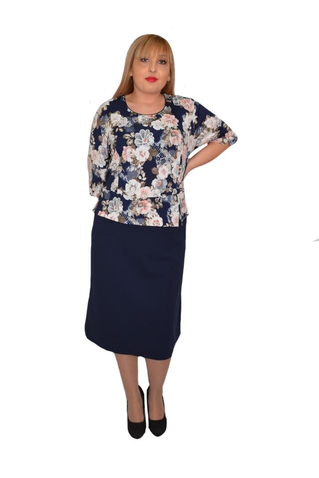 Rochie de zi Frida, imprimeu floral roz pudra ,D&J Exclusive, Bleumarin