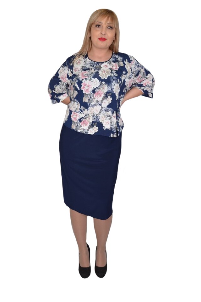 Rochie casual, croi conic, cu design floral, D&J Exclusive, Bleumarin