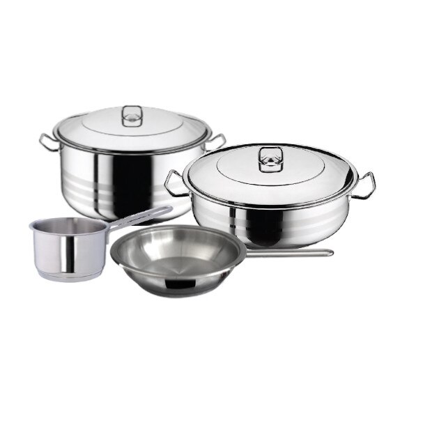 Oala plita inductie cu capac otel inoxidabil HASCEVHER GASTRO 23,5 litri fund 3 straturi + cratita 8.5 l+tigaie+cratita cu coada 2l