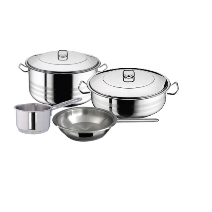 Oala plita inductie cu capac otel inoxidabil HASCEVHER GASTRO 23,5 litri fund 3 straturi + cratita 8.5 l+tigaie+cratita cu coada 2l