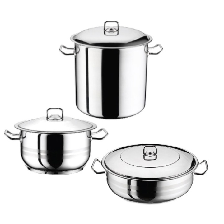 Oala cu capac otel inoxidabil inductie HASCEVHER GASTRO 6 litri fund 3 straturi + cratita 8.5 l+oala adanca ciorba 8.5 l