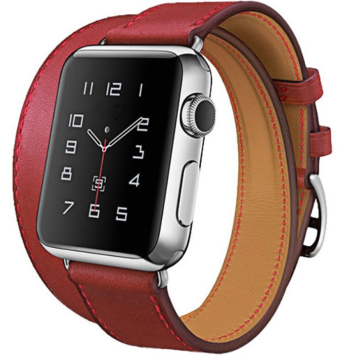 Curea iUni compatibila cu Apple Watch Ultra/SE/8/7/6/5/4/3/2/1, 44mm, Double Tour, Piele, Rosu