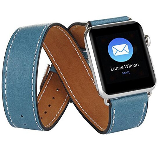Curea iUni compatibila cu Apple Watch 1/2/3/4/5/6, 42mm, Double Tour, Piele, Albastru