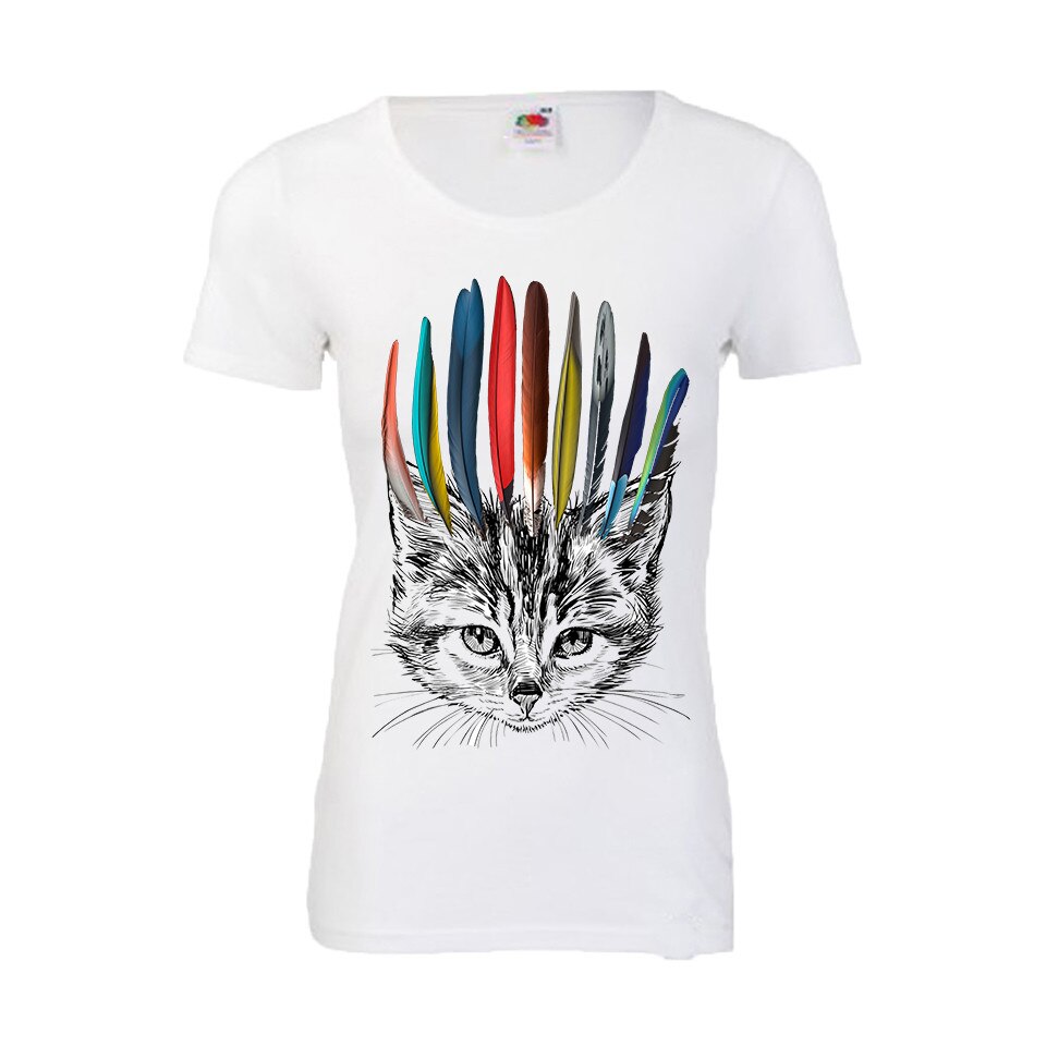 Tricou dama personalizat imprimeu INDIAN CAT, S, alb