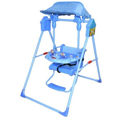 Leagan cu panou muzica, jucarii si parasolar, ratusca, albastru - Krista®