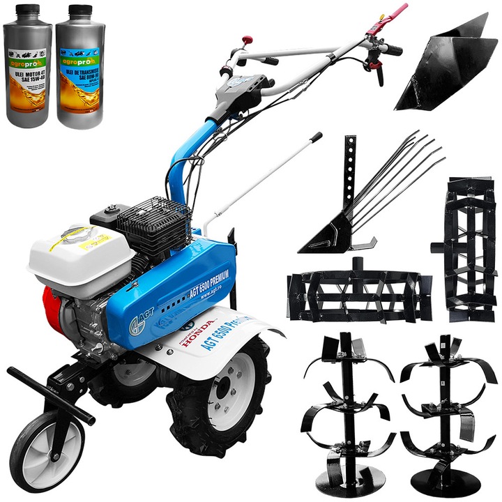 Pachet motosapa Premium AGT 6500, Honda GX200, freze segmentabile 90cm, roti cauciuc, rarita fixa, roti metal, plug de cartofi + Cadou 1l Ulei motor AgroPro, 1l Ulei transmisie AgroPro