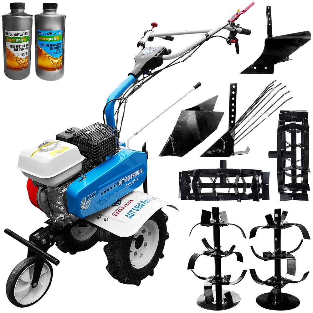 Pachet motosapa Premium AGT 6500, Honda GX200, freze segmentabile 90cm, roti cauciuc, rarita fixa, roti metal, plug cartofi, plug arat + Cadou 1l Ulei motor AgroPro, 1l Ulei transmisie AgroPro
