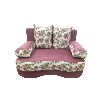 Canapea extensibila Junior, MobAmbient, Roz cu flori, material textil, extensie din plasa de arcuri tip relaxa, cu lada de depozitare, 2 perne si 2 cotiere incluse, 144 x 190 cm