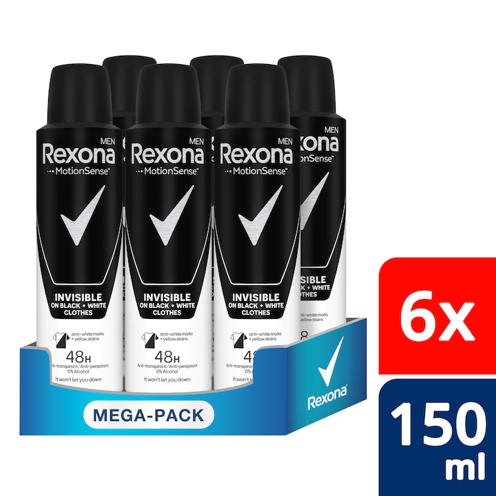REXONA MEN Invisible Black + White 48H férfi izzadásgátló dezodor, 6x150 ml