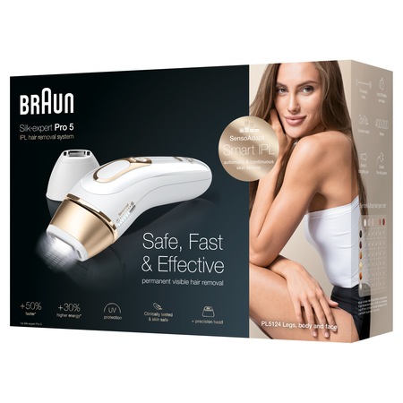 Epilator IPL Braun Silk-expert PRO 5 PL5124, SensoAdapt™, 400.000 impulsuri, 10 niveluri de intensitate, corp si fata, cap de precizie, aparat de ras Venus, Trusa de calatorie, Alb/Auriu