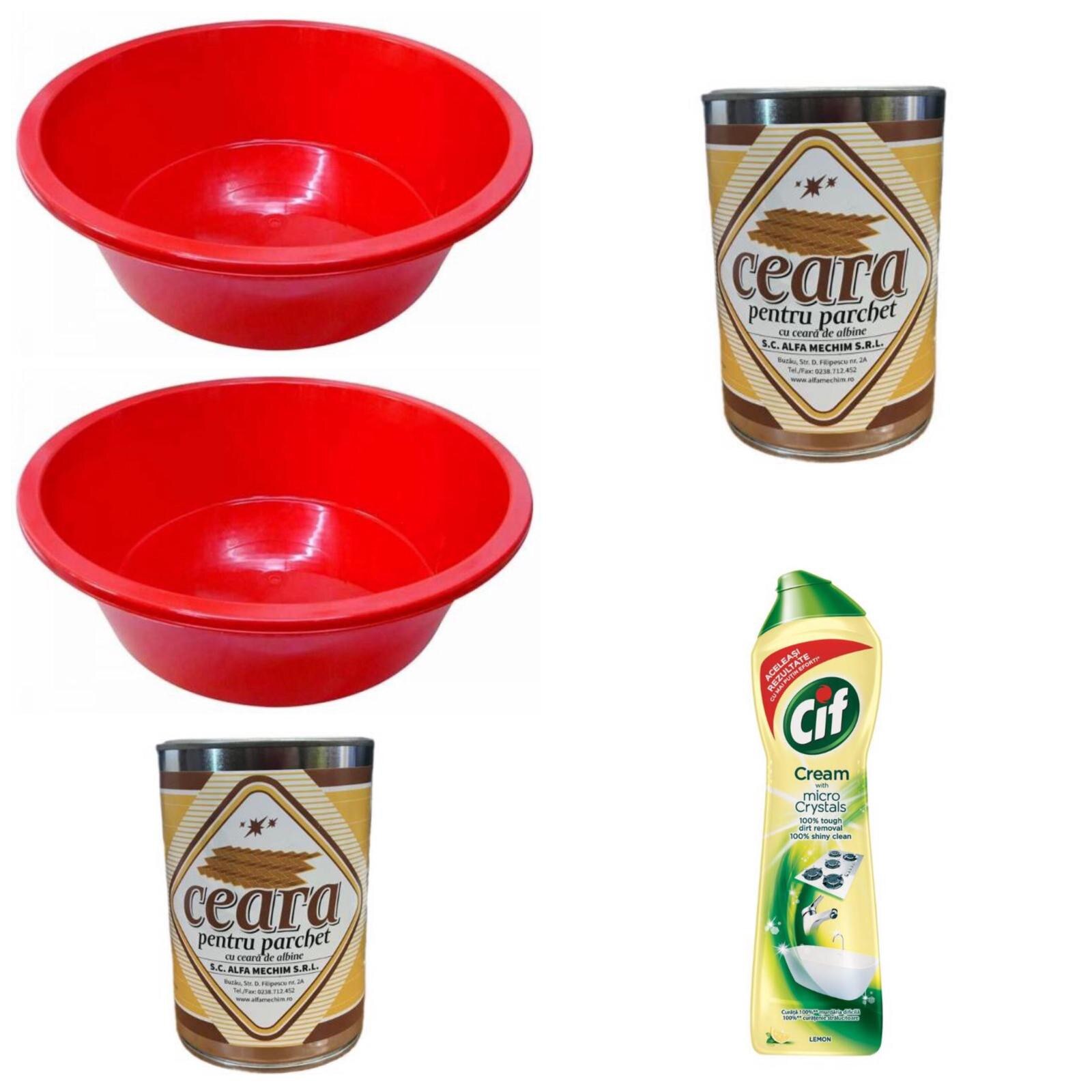 Pachet 2 x Lighean Rotund din plastic, 4l + 2 x Ceara parchet + 1 x Cif Cream lemon, 500ml