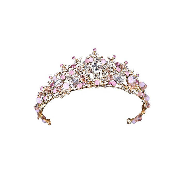 Tiara eleganta cu frunze, cristale albe si opalescente si margelute, Roz deschis