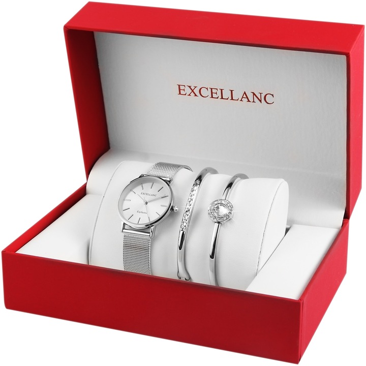 Set cadou , ceas dama, Excellanc, Exclusive Silver, cu doua bratari , placat silver IP si pietre zirconia 1800154-003