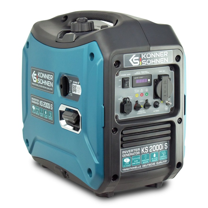 Generator curent digital insonorizat Könner&Söhnen KS 2000i S , benzina, 2.0 kW, inverter, protectie suprasarcina, protectie nivel scazut ulei, indicator tensiune, mod economic, bobinaj 100% cupru