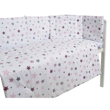 Lenjerie patut cu 5 piese Pink and Grey Stars white Lenjerie patut cu 5 piese Pink and Grey Stars white