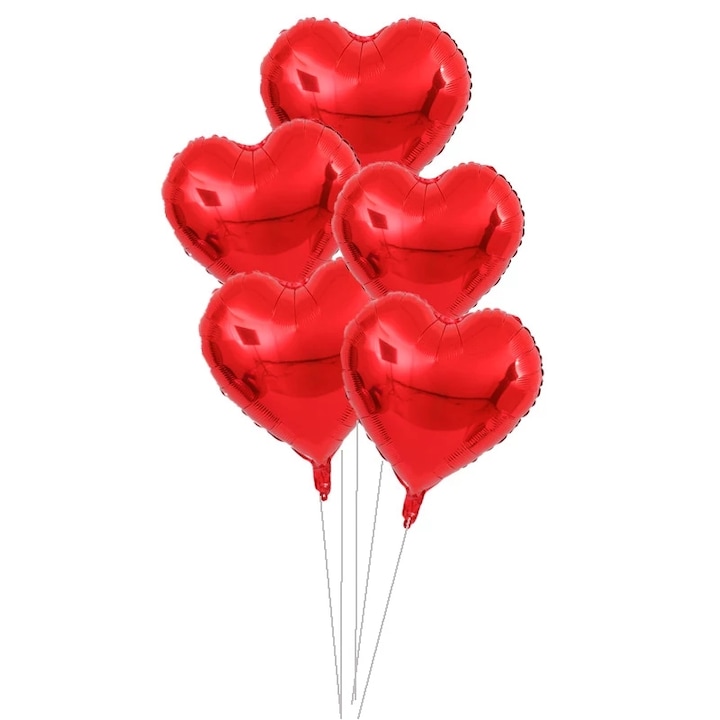 Фолиев балон сърце, комплект от 5 балона, диаметър 45 см, червен цвят, It's Party Time