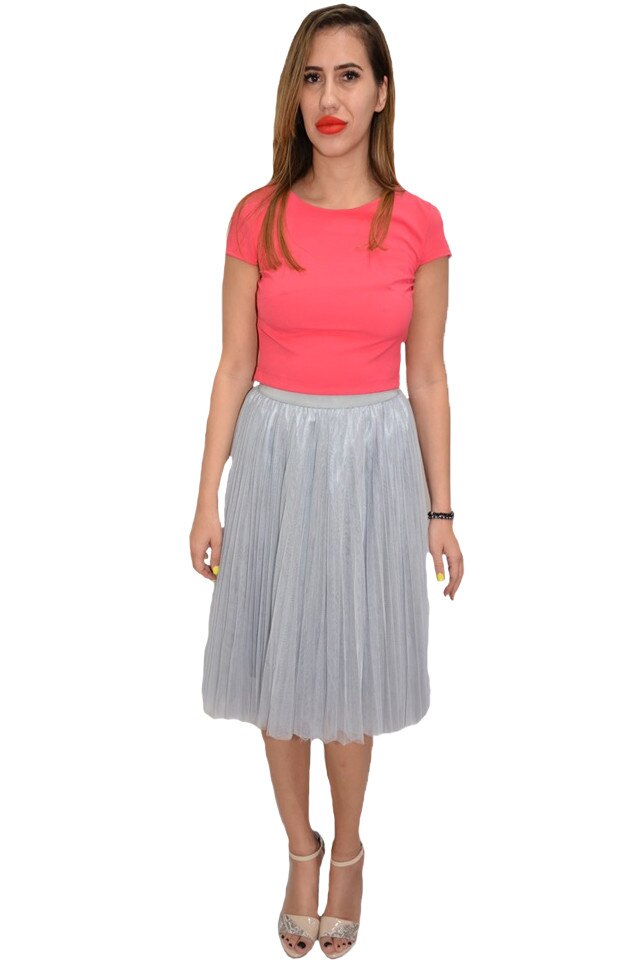 Fusta eleganta, scurta, din tull, D&J Exclusive, Gri