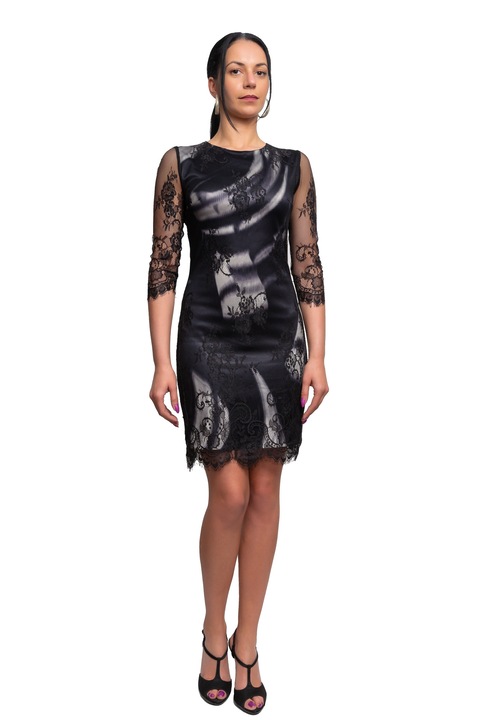 Rochie dama bumbac satinat imprimat si dantela, Exactitude, culoare neagra, masura 36RO