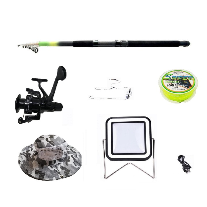 Set lanseta 2.4m pescuit sportiv, mulineta LS500, fir, montura, proiector solar si palarie