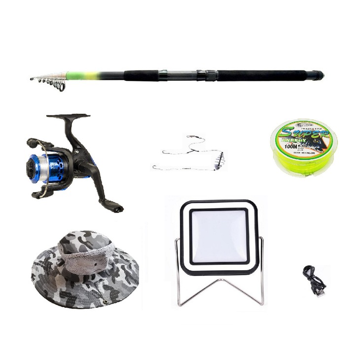 Set lanseta 3.6m pescuit sportiv, mulineta Ak200,plastic solid, fir, montura, proiector solar si palarie