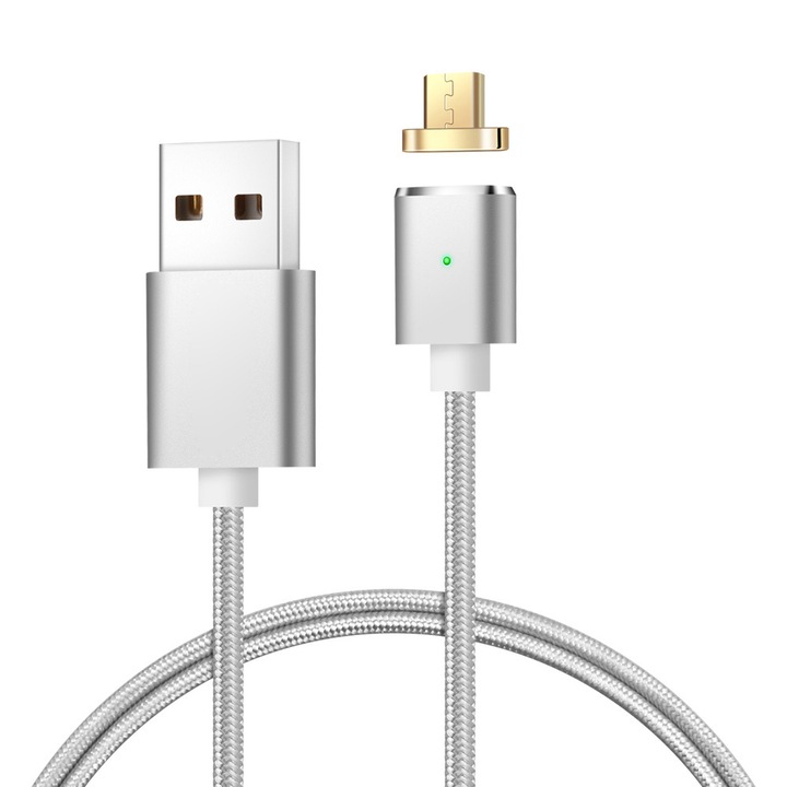Micro USB кабел, Сребрист, LED индикация, Текстилен
