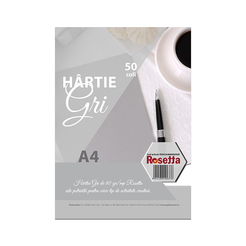 Hartie colorata Rosetta A4, 50 coli, Gri
